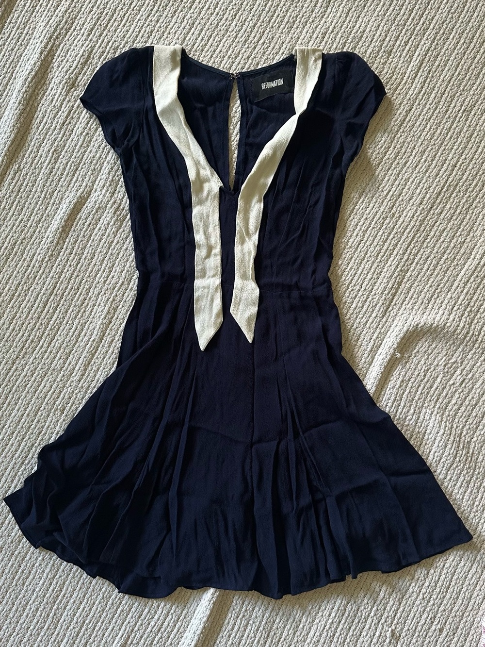 Reformation Navy Mini Dress with Cream V‑Neck Tie - Picture 2 of 6